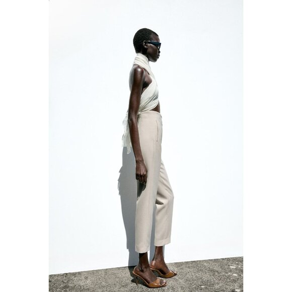 ZARA Off White Suiting Twill High Waisted Tapered Trousers Pants, Size S - Picture 12 of 15